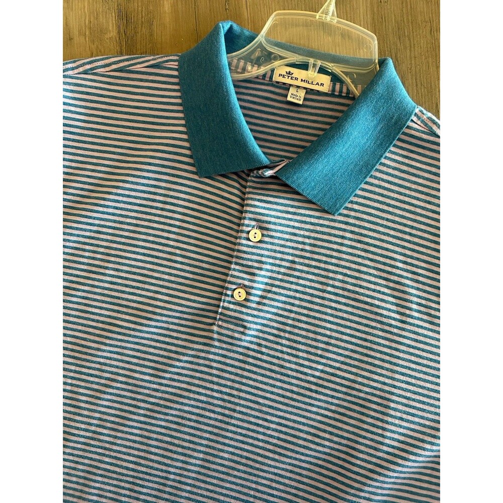 Peter Millar Polo Shirt Mens L Purple Blue Stripe 100% Cotton Short Sleeve Golf
